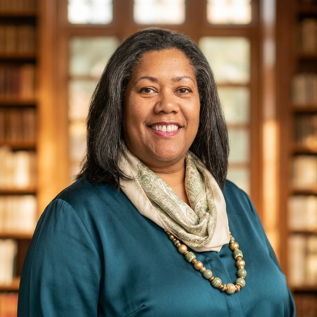 Anne-Marie Bond, founder of MyWebTone, smiling in a library