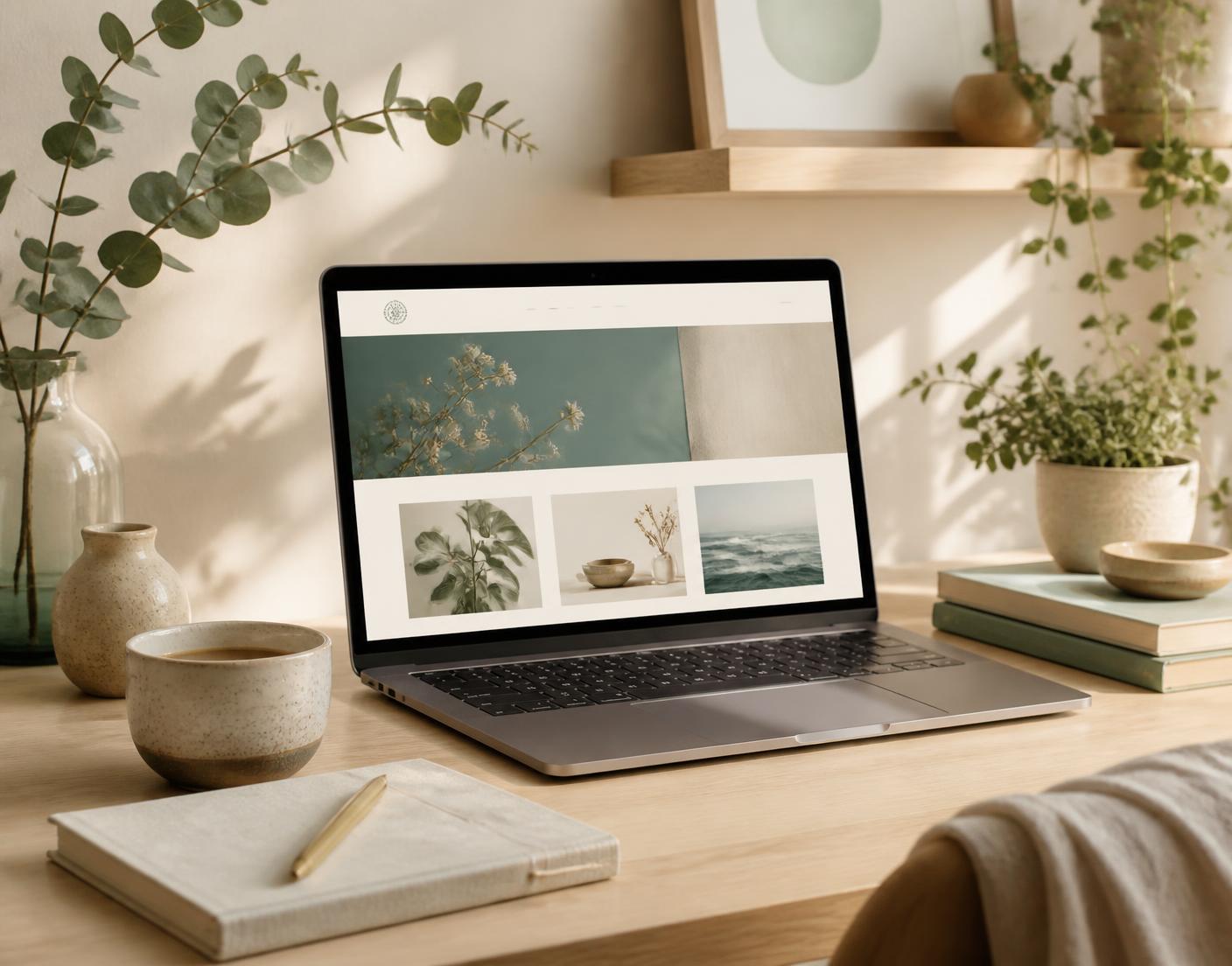 A laptop showing a calm website on a wooden desk with a notebook, coffee cup and eucalyptus